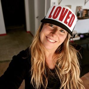 Loved red glitter black and white trucker hat